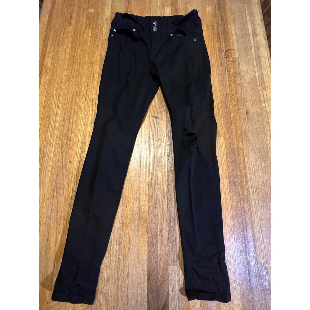 Rue 21 Junior 3 Solid Black 2 Button Zip Distressed Skinny Stretch‎ Ankle Jeans
